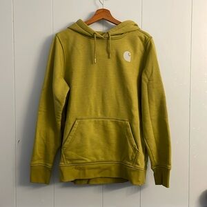 carhart hoodie, green with light blue writing, size women's large
